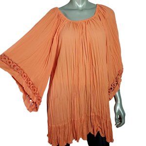 Catherines Top Plus Size 1X 18/20W Crinkle Flare Sleeve Pullover‎ Casual Orange